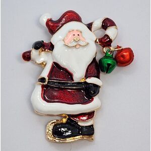 Santa Christmas Brooch Enamel Candy Cane Jingle Bells Festive